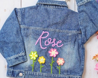 Custom Kids Name Jean Jacket, Personalized Hand Embroidered Floral Initial Denim Jacket,Baby Jacket With Name,Birthday Gift For Baby Kids