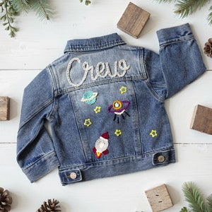 Chaqueta vaquera espacial personalizada para niños, chaqueta vaquera unisex bordada a mano con nombre para niños pequeños, regalo personalizado para bebés y niñas, regalo para bebés