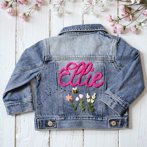 Personalized Hand Embroidered Floral Initial Denim Jacket,Costume Cute Baby Girls Jacket With Name,Baby Shower Gift,Baby Birthday Gift