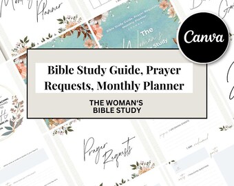 Könnte beinhalten: Druckbarer PDF-Download eines Bibelstudienleitfadens, Gebetsanliegen und eines Monatsplaners. Das Design zeigt ein Blumenmuster auf hellblauem Hintergrund mit dem Text "The Woman's Bible Study".