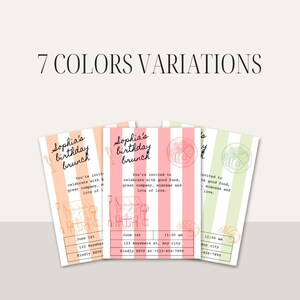 May include: Four different color variations of a birthday brunch invitation. The invitation features a pink and white striped background with a drawing of a cafe and the text "Sophia's birthday brunch". The invitation includes the date, time, location, and RSVP information.