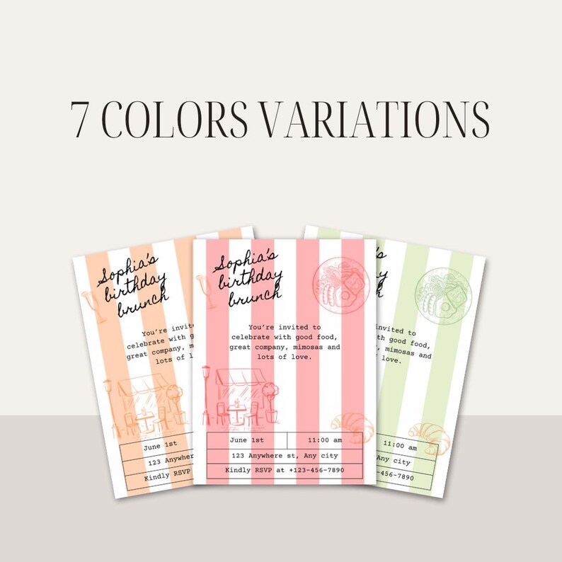 May include: Four different color variations of a birthday brunch invitation. The invitation features a pink and white striped background with a drawing of a cafe and the text "Sophia's birthday brunch". The invitation includes the date, time, location, and RSVP information.