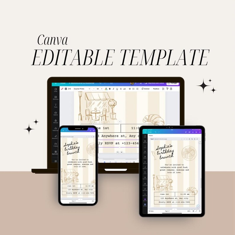 May include: A digital screen displaying a customizable birthday brunch invitation template on Canva. The template features a hand-drawn illustration of a cafe with tables and chairs, and the text "Sophia's birthday brunch".