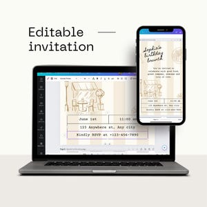 May include: Editable birthday brunch invitation template with a cartoon illustration of a cafe. The text reads "Sophia's birthday brunch", "You're invited to celebrate with good food, great company, minceas and lots of love."  "June 1st", "11:00 am", "123 Anywhere st, Any city", "Kindly RSVP at +123-456-7890".