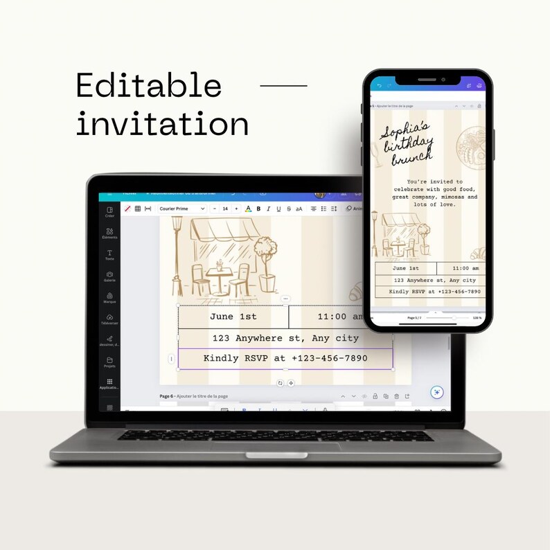 May include: Editable birthday brunch invitation template with a cartoon illustration of a cafe. The text reads "Sophia's birthday brunch", "You're invited to celebrate with good food, great company, minceas and lots of love."  "June 1st", "11:00 am", "123 Anywhere st, Any city", "Kindly RSVP at +123-456-7890".