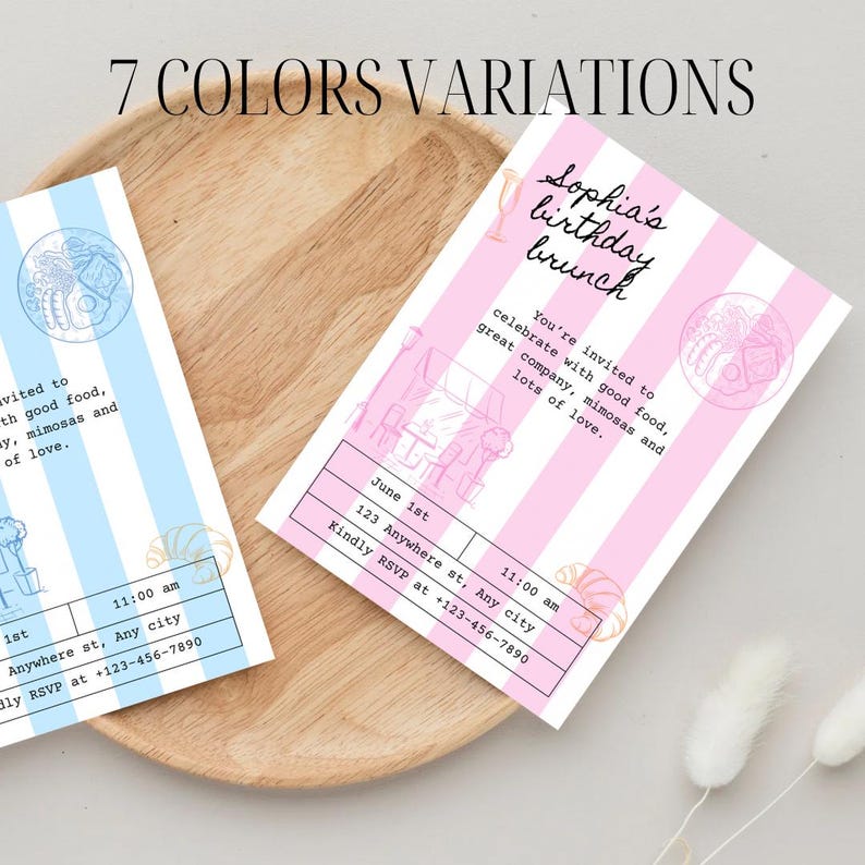 May include: Two pink and blue striped cards with a brunch invitation for Sophia's birthday. The cards feature a pink and blue illustration of a brunch setting with a glass of mimosa, a plate of food, and a table with chairs. The text on the cards reads "Sophia's birthday brunch" and "You're invited to celebrate with good food, great company, mimosas and lots of love." The cards also include the date, time, and location of the brunch.