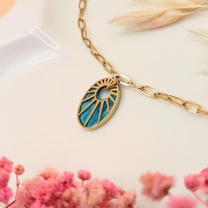 Minimalist stainless steel bracelet and medal charm pendant sun pearl turquoise blue - women&#39;s jewelry, gift for mom