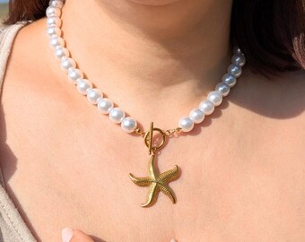 Stainless steel starfish pendant pearl necklace - women's jewelry minimalist charm gift mom beach summer vacation for her