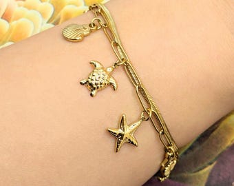 Stainless steel charm bracelet - shell turtle starfish seahorse palm tree charms - sea beach vacation, women's jewelry