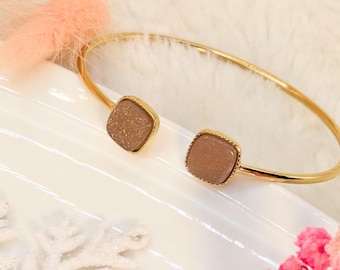 Minimalist stainless steel bangle bracelet with square natural stone Golden Sand - thin open bangle - women's jewelry, gift for her, for mom