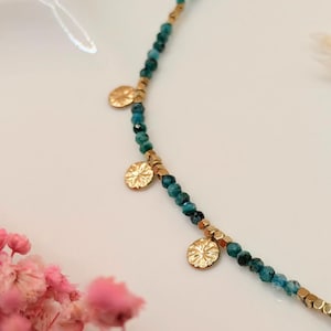Minimalist stainless steel bracelet and natural stone beads - Green agate with golden star tassels - women&#39;s jewelry, gift for her