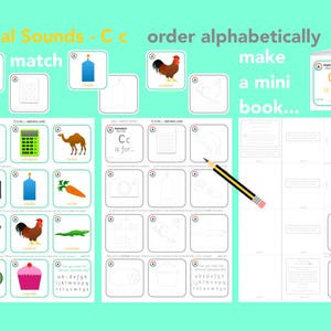Matchkaarten voor alfabetletters, initiaal geluidskaarten, items die beginnen met c, c objecten, initiaal c geluiden, c objecten, c is voor... alfabetische volgorde