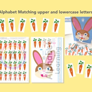 Alfabetletters kleine/hoofdletters Konijn/wortelen, alfabetletteractiviteit, alfabet leren, alfabetten matchen, alfabetletters