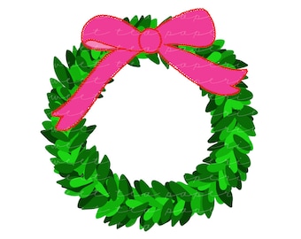 Boxwood Wreath with Pink Bow Clip Art (Instant Download)