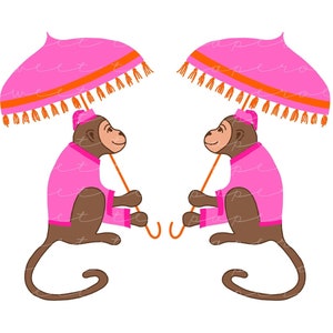 Chinoiserie Monkey Clip Art in Pink and Orange (Instant Download)