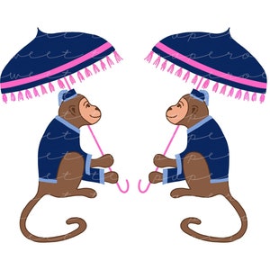 Chinoiserie Monkey Clip Art in Navy and Pink (Instant Download)