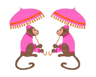 Chinoiserie Monkey Clip Art in Pink and Orange (Instant Download)