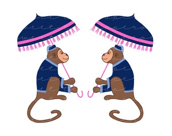 Chinoiserie Monkey Clip Art in Navy and Pink (Instant Download)