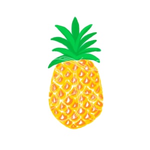 May include: A yellow pineapple with a green leafy top. The pineapple is drawn in a cartoon style with a textured surface.