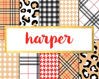 Paquete de papeles digitales Harper (descarga instantánea): estampado de cuadros, pata de gallo, guinga y leopardo.