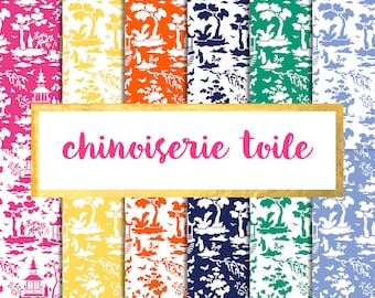 Pode incluir: Um conjunto de oito padrões de papel digital com um design de toile chinoiserie em várias cores, incluindo rosa, amarelo, laranja, azul, verde e azul claro. Os padrões apresentam um design repetitivo de pagodes, árvores e pássaros.