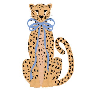 New! Sitting Cheetah Blue Bow Gouache-Style Clip Art  (Instant Download) preppy, hand drawn clip art