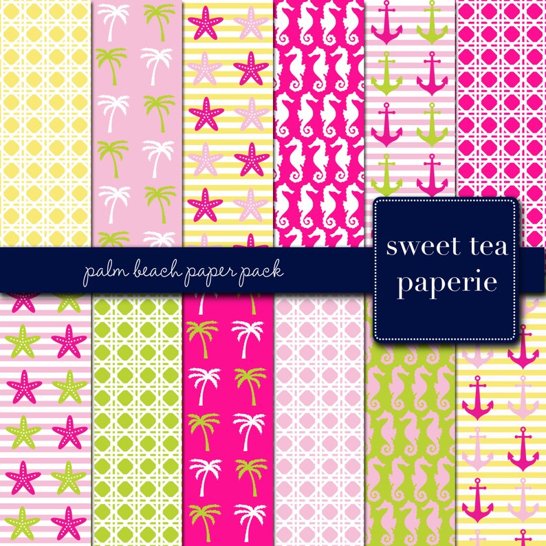 Buy 2 Get 1 Free With Code Xmasinjuly Palm Beach Digital Paper Pack Instant Download Palm Beach Preppy Pink Green Nautical Beach