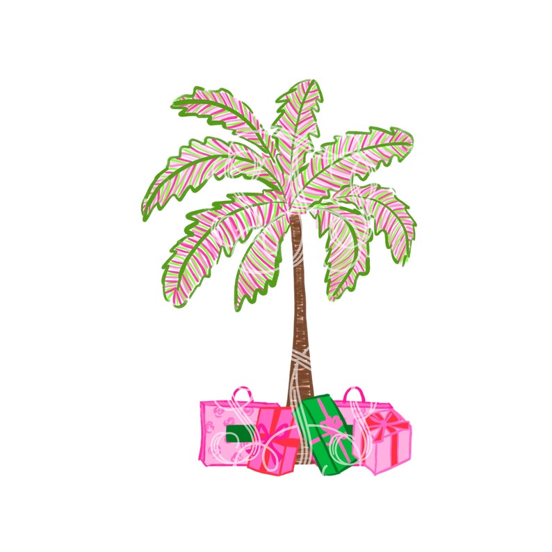 Puede incluir: Una palmera rosa y verde con regalos debajo. Los regalos est&aacute;n envueltos en papel rosa y verde con cintas blancas.