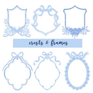 May include: Set of six blue and white crest and frame illustrations. The frames are in various shapes, including shields, ovals, and circles. Each frame features a ribbon bow at the top.