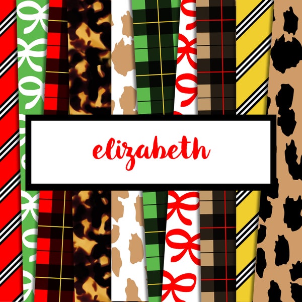 Elizabeth Digital Paper Pack (Instant Download) tortoise shell, leopard, bows, preppy, tartan