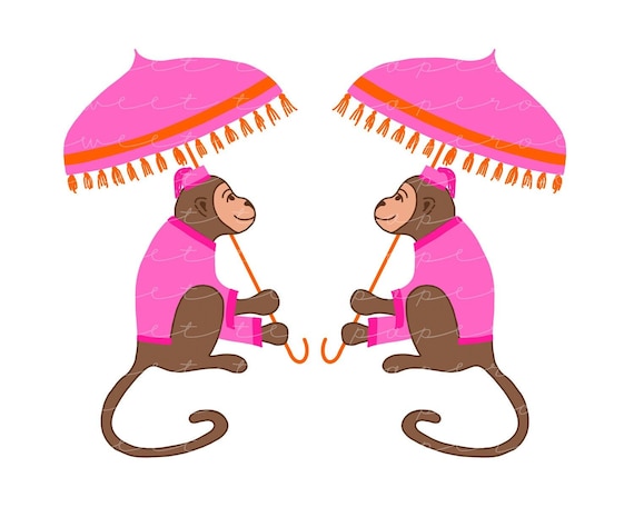 Chinoiserie Monkey Clip Art in Pink and Orange (Instant Download)