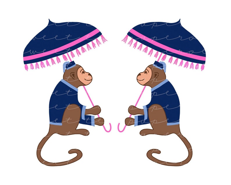May include: Two brown monkeys wearing blue and pink outfits hold pink umbrellas with blue and white stripes. The monkeys are facing each other.