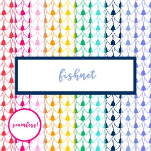 May include: A collection of colorful fishnet patterns in various shades, including red, pink, orange, yellow, green, blue, and purple. The word "fishnet" is written in light blue script within a white rectangle. A pink circle with the word "seamless!" is in the lower left corner.