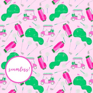 May include: Seamless pattern featuring golf-themed illustrations on a pink background. The design includes pink golf carts, golf bags, green golf course shapes, golf balls, and golf clubs. The text "seamless!" is in a white circle.