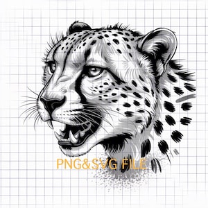May include: Black and white illustration of a cheetah's head in profile, with its mouth open, revealing teeth. The image features detailed shading and spots, with the text "PNG & SVG FILE" at the bottom. The background is a grid.