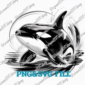 May include: A black and white illustration of an orca whale breaching the water's surface. The image features the text "PNG & SVG FILE" in teal. The whale is depicted with detailed shading, creating a dynamic and artistic representation.