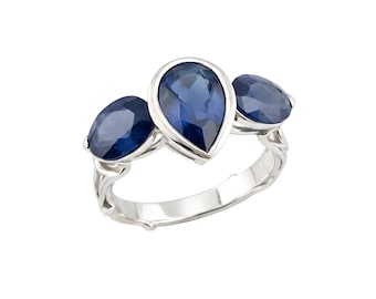 Anillo de zafiro oscuro natural triple / Corte pera y ovalado / Textura de árbol / Plata artesanal
