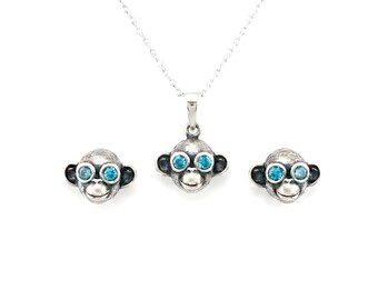 Conjunto de joyas de mini monos / Pendientes y collar / Ojos de piedras preciosas naturales