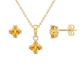 Square Gemstone Jewelry Set | 6mm Double Prong Stud Earrings & Necklace | 7 Gemstone Options