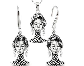 Conjunto de joyas de plata Art Déco para mujer: collar con colgante de rostro y pendientes colgantes