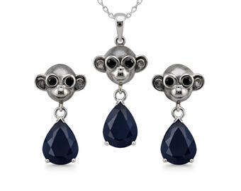Conjunto de joyas de mono de zafiro oscuro / Pendientes y colgante de plata 925 con cadena