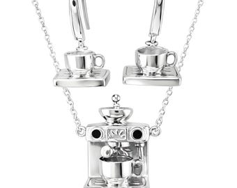 Juego de cafetera artesanal / Joyería miniatura 3D / Plata maciza / Regalo de barista