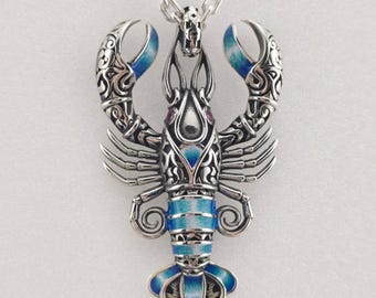 Collar de langosta de plata de ley para hombre: ojos de rubí y esmalte oceánico, regalo náutico