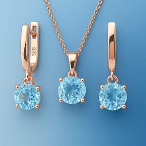 Natural Blue Topaz Jewelry Set,English Lock Earrings, Pendant and Chaint | 3 Stone Natural Gem Set | 7mm Round Cut | Silver Jewelry