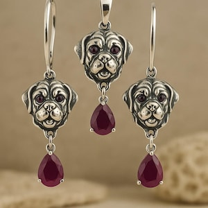 Set sterlingzilveren golden retriever-ketting en -oorbellen: robijnrode ogen, handgemaakte hondensieraden