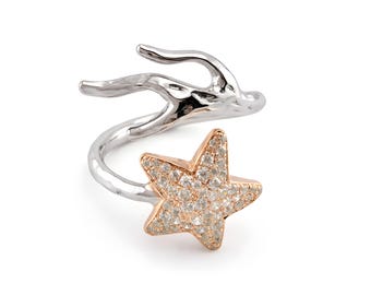 Anillo de estrella de mar hecho a mano con diseño de rama de coral realista