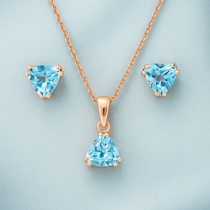 Minimalist 6mm Triangle Blue Topaz Jewelry Set – Everyday Earrings & Necklace, Elegant Natural Blue Topaz Jewelry Silver Set for Daily Wear
