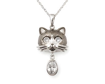 Conjunto de joyas de gato de plata con cadena: colgante y pendientes de gato con circonitas