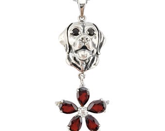 Collar de golden retriever artesanal con flor de granate natural en plata de ley.