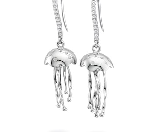 Pendientes colgantes de medusas de plata de ley hechos a mano / circonitas engastadas al ras